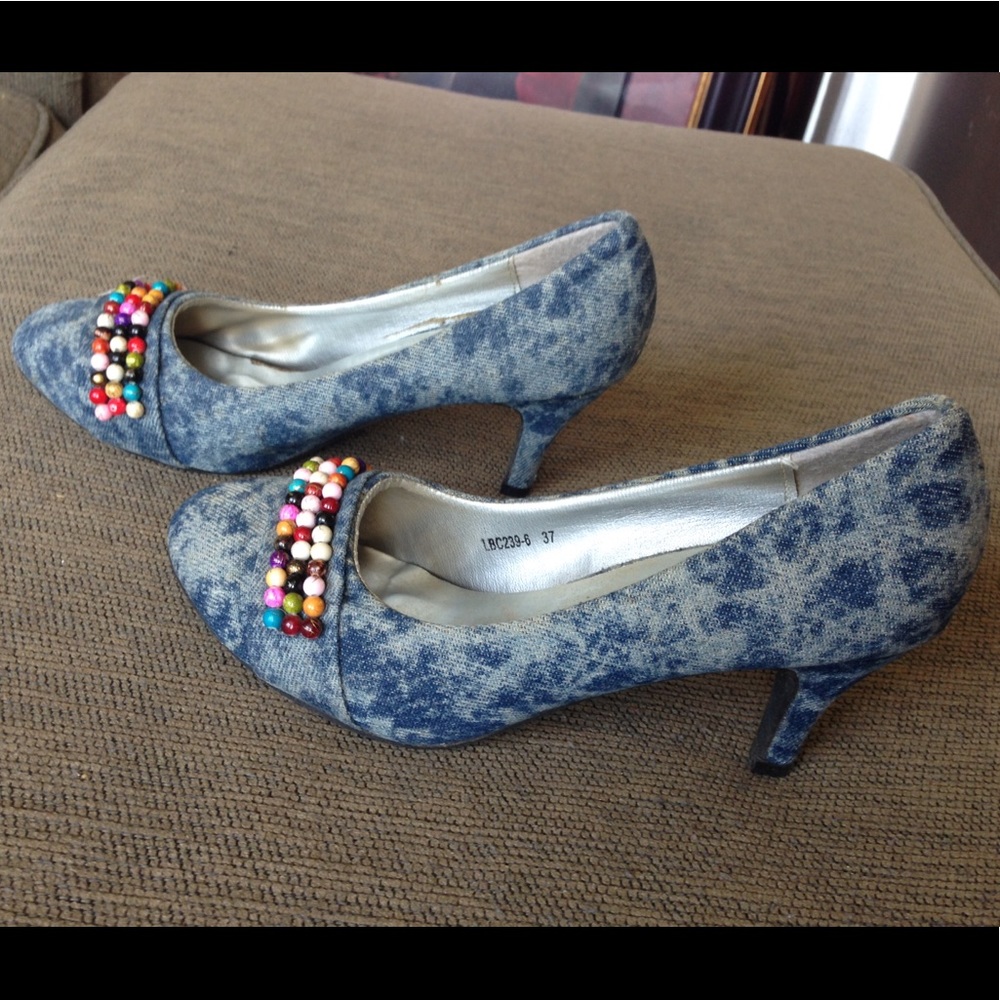 Custom Blue White Tie Dye Beads Heels Shoes US 6.5 - Picture 1 of 8